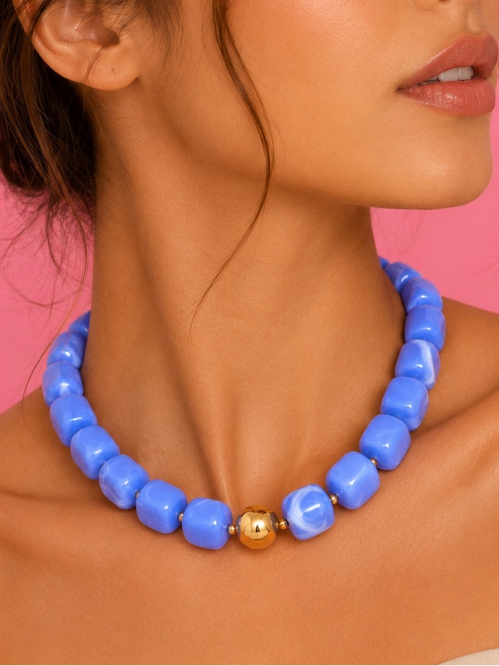 Lavender-Blue Bead Necklace with Gold Accent